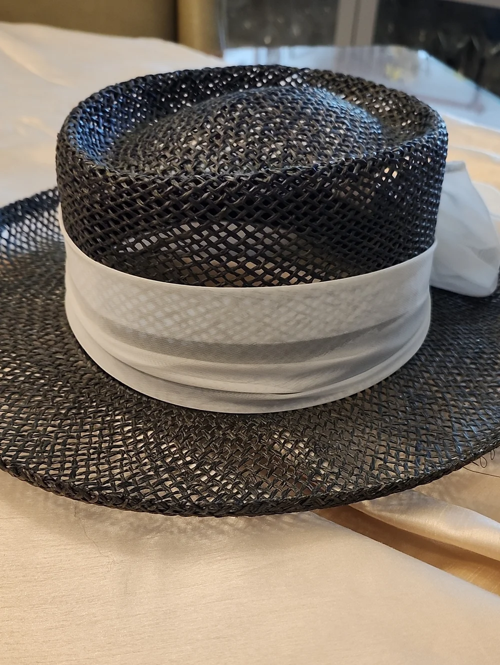 Vintage American Made Classic Black Straw & White Bow Hat, OS, $38 - Picture 5 of 8